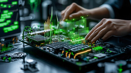 Leinwandbilder - close up of green energy smart grid system with advanced technology, showcasing hands interacting with circuit board and digital data visualization