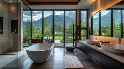 Poster - Elegant bathroom with a view of mountains and greenery, featuring a freestanding tub and dual sinks.