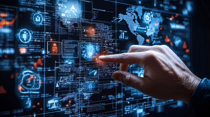Fototapete - cyber forensics specialist analyzing digital data on high tech interface, showcasing intricate graphics and global data patterns. scene conveys sense of advanced technology and investigation