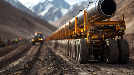 Poster - detailed view of pipeline welding project in mountainous area, showcasing heavy machinery and equipment. scene captures rugged terrain and industrial activity