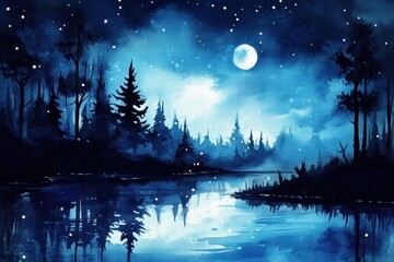 Wall Mural - A stunning watercolor night landscape created with generative AI techniques.