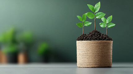 Poster - Growing plants in natural pot with rich soil, symbolizing sustainability and environmental care. vibrant green leaves represent new beginnings and growth