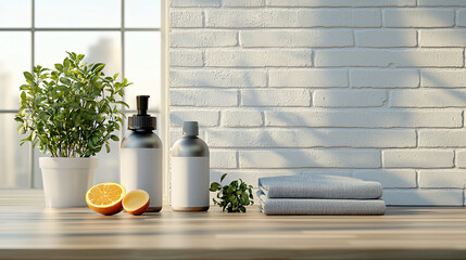 Poster - serene bathroom scene featuring wellness products, towels, and plants. natural light enhances calming atmosphere, perfect for relaxation and self care