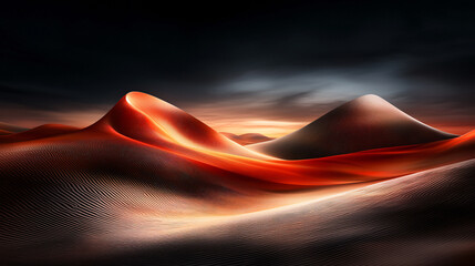 Aufkleber - stunning desert landscape featuring rolling sand dunes illuminated by dramatic sunset. warm hues of orange and red contrast beautifully with dark sky, creating cinematic atmosphere