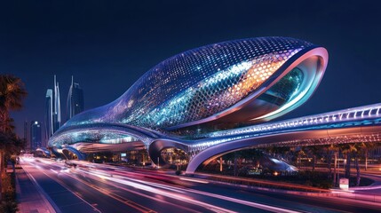 Aufkleber - Futuristic architectural structure resembling a serpent, illuminated at night.