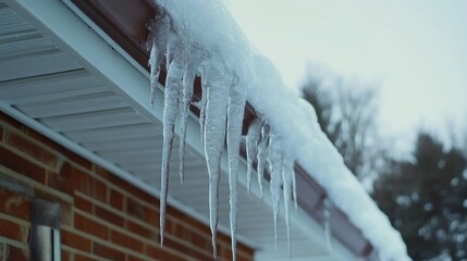 Poster - Icicles hanging from a roof with snow, showcasing winter weather conditions.