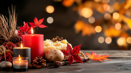 Leinwandbilder - cozy autumn scene featuring candles, pinecones, and colorful leaves, creating warm atmosphere perfect for Thanksgiving celebrations