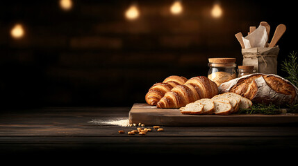 Aufkleber - cozy bakery counter featuring freshly baked bread, croissants, and jars of ingredients, illuminated by warm lights, creating welcoming atmosphere