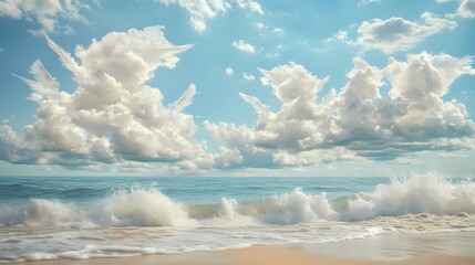 Naklejka na meble Serene Beach Landscape with Gentle Waves and Fluffy Clouds Reflecting Soft Sunlight Under a Clear Blue Sky, Ideal for Tranquil Nature Themes and Relaxation Scenery