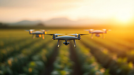Poster - Modern farm with drones flying over green fields at sunset, showcasing agricultural technology and innovation. scene captures beauty of nature and advanced farming practices