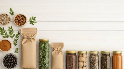 Aufkleber - collection of spices, herbs, and nuts arranged on wooden surface, showcasing various containers and natural elements. warm colors create cozy atmosphere