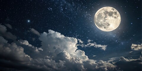 Naklejka na meble A Serene Night Sky Full Moon Shining Brightly Amidst Starry Heavens and Fluffy Clouds