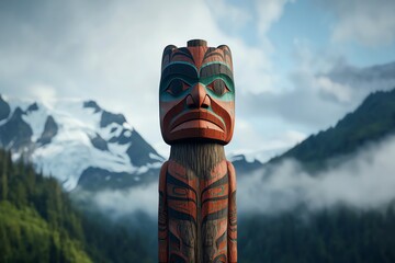 A colorful totem pole stands majestically against a backdrop of mountains and mist, showcasing indigenous artistry and cultural heritage.