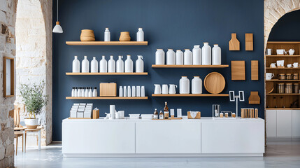 Poster - modern minimalist store interior featuring white shelves and wooden accents, showcasing various containers and decor items. clean design creates serene shopping atmosphere