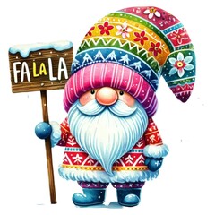 Wall Mural - A festive gnome wearing a colorful patterned hat and sweater holds a sign that reads 