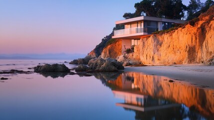 Poster - Modern house on a cliff at sunset, reflecting in calm waters.