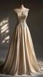© WITTAYA  ANGMUJCHA - A graceful evening dress featuring intricate lace detailing on the bodice, with a soft satin skirt that falls elegantly to the floor, illuminated by gentle lighting.