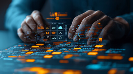 Poster - Hands interacting with digital interface displaying data analytics, graphs, and charts, showcasing technology and innovation in modern workspace