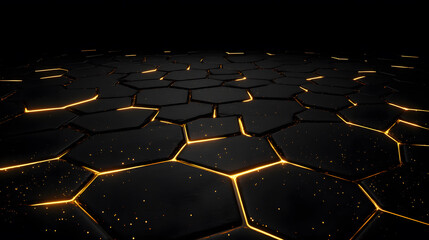 Fototapete - A dark, textured surface features glowing hexagonal patterns, creating a futuristic and visually striking design