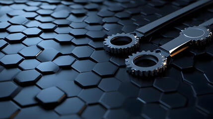 Poster - A close-up view of metallic gears on a hexagonal patterned surface, showcasing a blend of industrial design and modern aesthetics