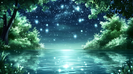 Poster - A serene night scene featuring a calm water surface reflecting starry lights and lush greenery under a deep blue sky