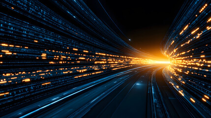 Poster - A dynamic digital landscape featuring blue light streaks racing towards a glowing orange horizon, evoking a sense of speed and technological advancement