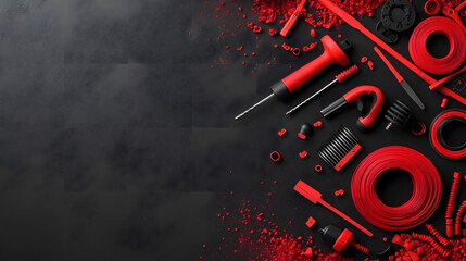 Poster - A collection of red tools arranged on a dark surface, showcasing various instruments and accessories for a dynamic and energetic aesthetic