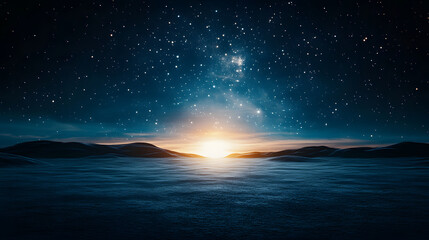 Poster - A breathtaking view of a starry night sky with a glowing horizon, reflecting on a calm sea, evoking a sense of wonder and tranquility