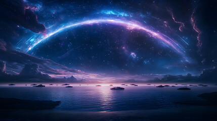 Poster - A stunning cosmic landscape featuring a vibrant starry sky, a glowing horizon, and calm waters reflecting celestial colors
