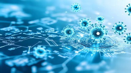 Poster - A digital representation of a network with virus-like structures, symbolizing connections and threats in technology or biology