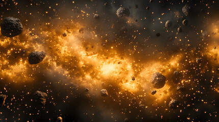 Poster - A vibrant cosmic scene depicting a swirling mass of stars, fiery explosions, and floating asteroids set against a dark, vast space background