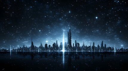 Poster - A futuristic city skyline illuminated under a starry night sky, showcasing tall buildings and a serene reflection on water