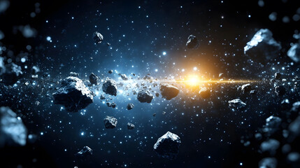 Poster - A stunning cosmic scene showcasing asteroids drifting in the vastness of space, illuminated by a distant star, capturing the mysteries of the universe