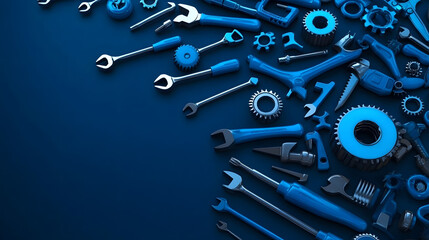 Poster - A collection of blue tools, including wrenches and gears, arranged artistically on a dark background, emphasizing craftsmanship and mechanical work