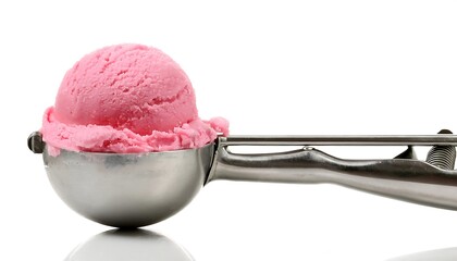 Wall Mural - Pink ice cream scoop on silver utensil, isolated on white background.