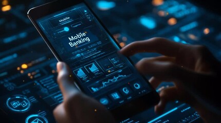 A mobile banking app and intuitive interface professional fintech solution, financial health on technology futuristic background 