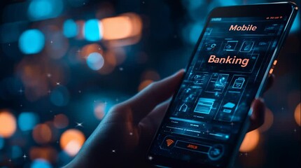 A mobile banking app and intuitive interface professional fintech solution, financial health on technology futuristic background 