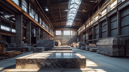 Canvas Print - A modern granite factory where massive granite blocks are cut, polished, and shaped into slabs ready for construction projects.