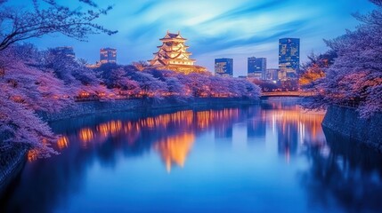 Poster - Serene cityscape featuring a castle amidst cherry blossoms and reflections on the water.
