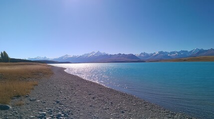Aufkleber - Serene landscape with a turquoise lake and snow-capped mountains under a clear blue sky.