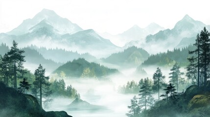 Poster - Serene mountain landscape shrouded in mist, evoking tranquility and natural beauty.