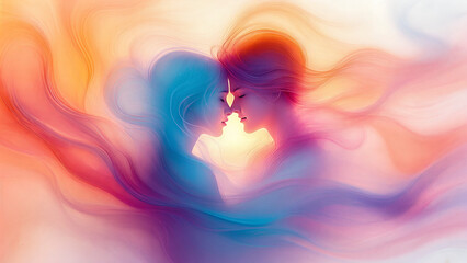 Wall Mural - colorful lines make up an abstract illustration of a young couple kissing