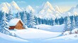 © Junior - A peaceful, snowy mountain landscape with a cozy cabin and snow-covered trees. The scene is perfect for winter travel, holidays, or outdoor winter activities content.