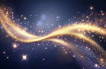 Golden glitter wave sparkles across a dark blue background