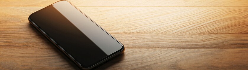Poster - An ultra-modern smartphone on a wooden table, illuminated by natural sunlight, highlighting its polished frame and seamless interface