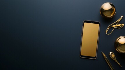 Poster - a smartphone with a ceramic finish placed on a black surface, surrounded by golden accessories, exud