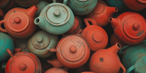 Poster - Colorful clay teapots stacked in a vibrant arrangement showcasing unique textures and forms