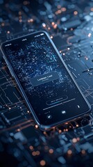 Poster - a modern smartphone on a futuristic, geometric surface, glowing with a high-contrast login interface