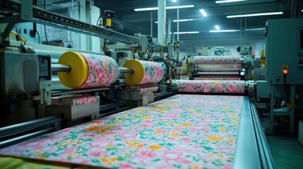 Wall Mural - Colorful paper being produced in a factory, with machines printing vibrant designs on the paper as it moves through the production line.