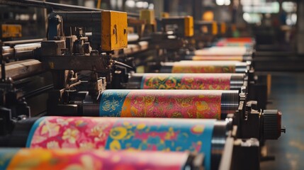 Wall Mural - Colorful paper being produced in a factory, with machines printing vibrant designs on the paper as it moves through the production line.